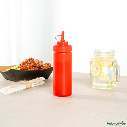 Wholesale Restaurantware 12 Oz Red Plastic Squeeze Bottle - with Cap, Wide Mouth - 2.3" X 2.3" X 7.9"- Bulk