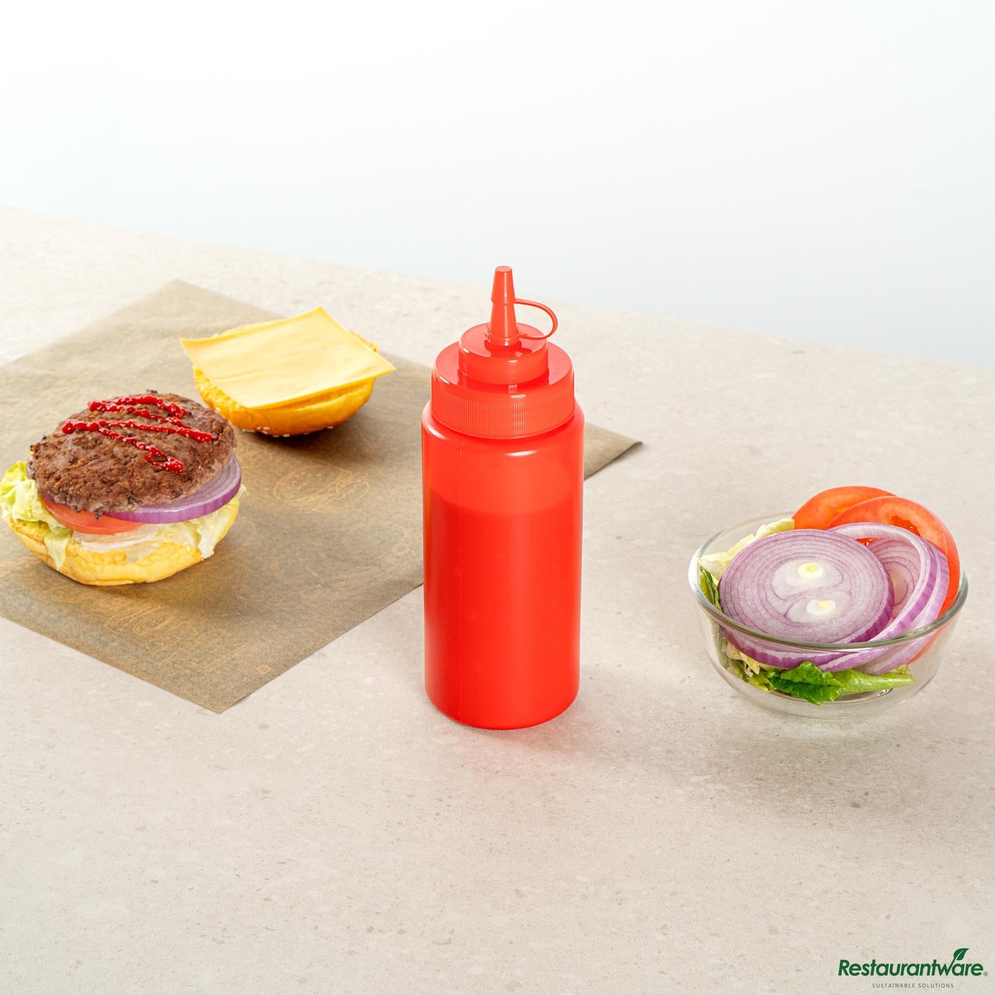 Wholesale Restaurantware 16 Oz Red Plastic Squeeze Bottle - with Cap, Wide Mouth - 2.6" X 2.6" X 7.9"- Bulk