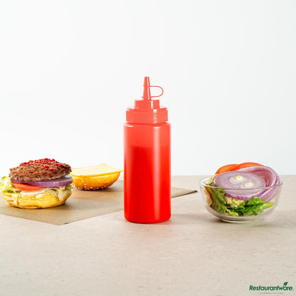 Wholesale Restaurantware 16 Oz Red Plastic Squeeze Bottle - with Cap, Wide Mouth - 2.6" X 2.6" X 7.9"- Bulk