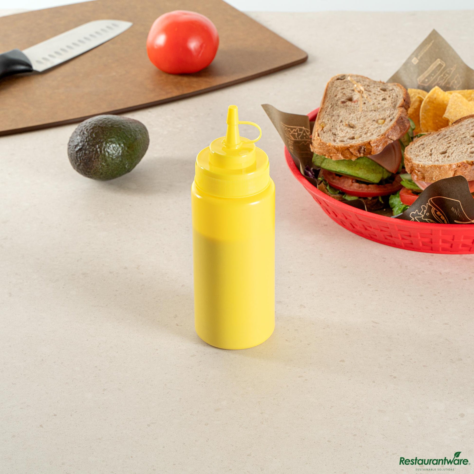 Wholesale Restaurantware 16 Oz Yellow Plastic Squeeze Bottle - with Cap, Wide Mouth - 2.6" X 2.6" X 7.9"- Bulk