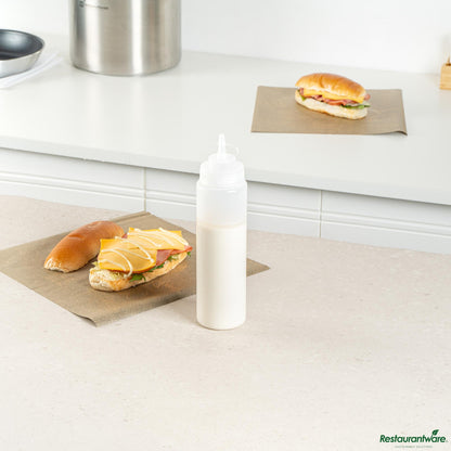 Wholesale Restaurantware 24 Oz Clear Plastic Squeeze Bottle - with Cap, Wide Mouth - 2.6" X 2.6" X 10.2"- Bulk