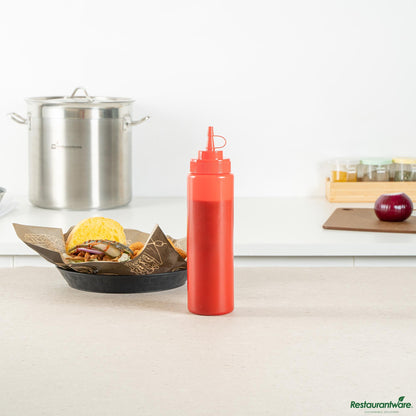 Wholesale Restaurantware 24 Oz Red Plastic Squeeze Bottle - with Cap, Wide Mouth - 2.6" X 2.6" X 10.2"- Bulk