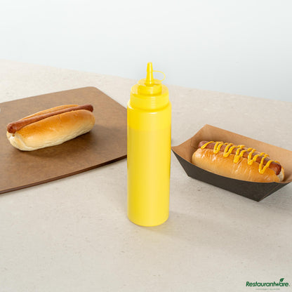 Wholesale Restaurantware 24 Oz Yellow Plastic Squeeze Bottle - with Cap, Wide Mouth - 2.6" X 2.6" X 10.2"- Bulk
