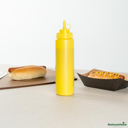 Wholesale Restaurantware 24 Oz Yellow Plastic Squeeze Bottle - with Cap, Wide Mouth - 2.6" X 2.6" X 10.2"- Bulk