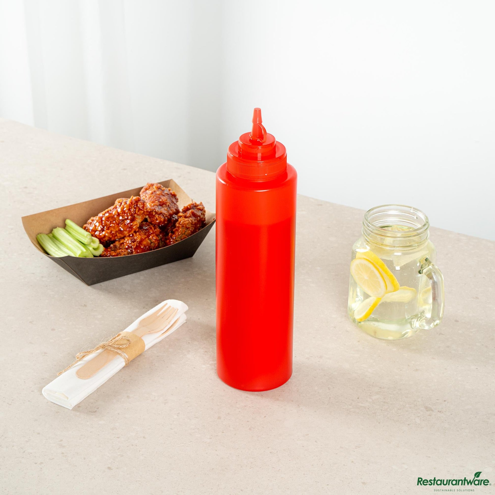 Wholesale Restaurantware 32 Oz Red Plastic Squeeze Bottle - with Cap, Wide Mouth - 3.1" X 3.1" X 11.4"- Bulk