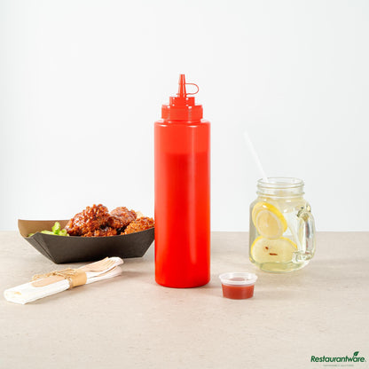 Wholesale Restaurantware 32 Oz Red Plastic Squeeze Bottle - with Cap, Wide Mouth - 3.1" X 3.1" X 11.4"- Bulk