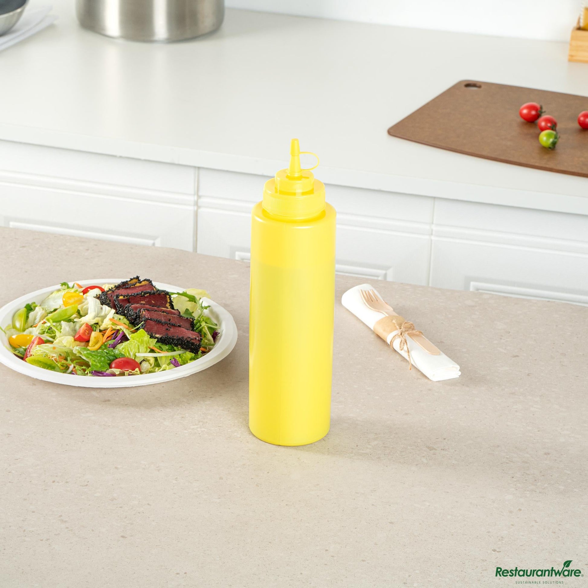 Wholesale Restaurantware 32 Oz Yellow Plastic Squeeze Bottle - with Cap, Wide Mouth - 3.1"×3.1"×11.4"- Bulk