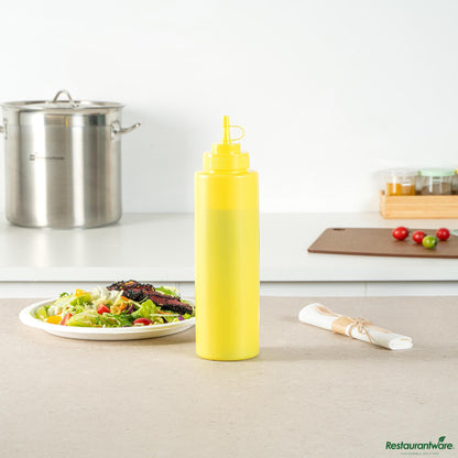 Wholesale Restaurantware 32 Oz Yellow Plastic Squeeze Bottle - with Cap, Wide Mouth - 3.1"×3.1"×11.4"- Bulk