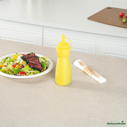 Wholesale Restaurantware 12 Oz Gourd-Shaped Yellow Plastic Squeeze Bottle- with Cap, Wide Mouth - 2.4" X 2.4" X 7.9"- Bulk