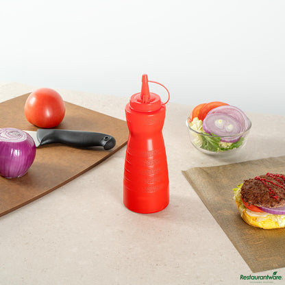 Wholesale Restaurantware 16 Oz Gourd-Shaped Red Plastic Squeeze Bottle - with Cap, Wide Mouth - 2.8" X 2.8" X 7.9"- Bulk