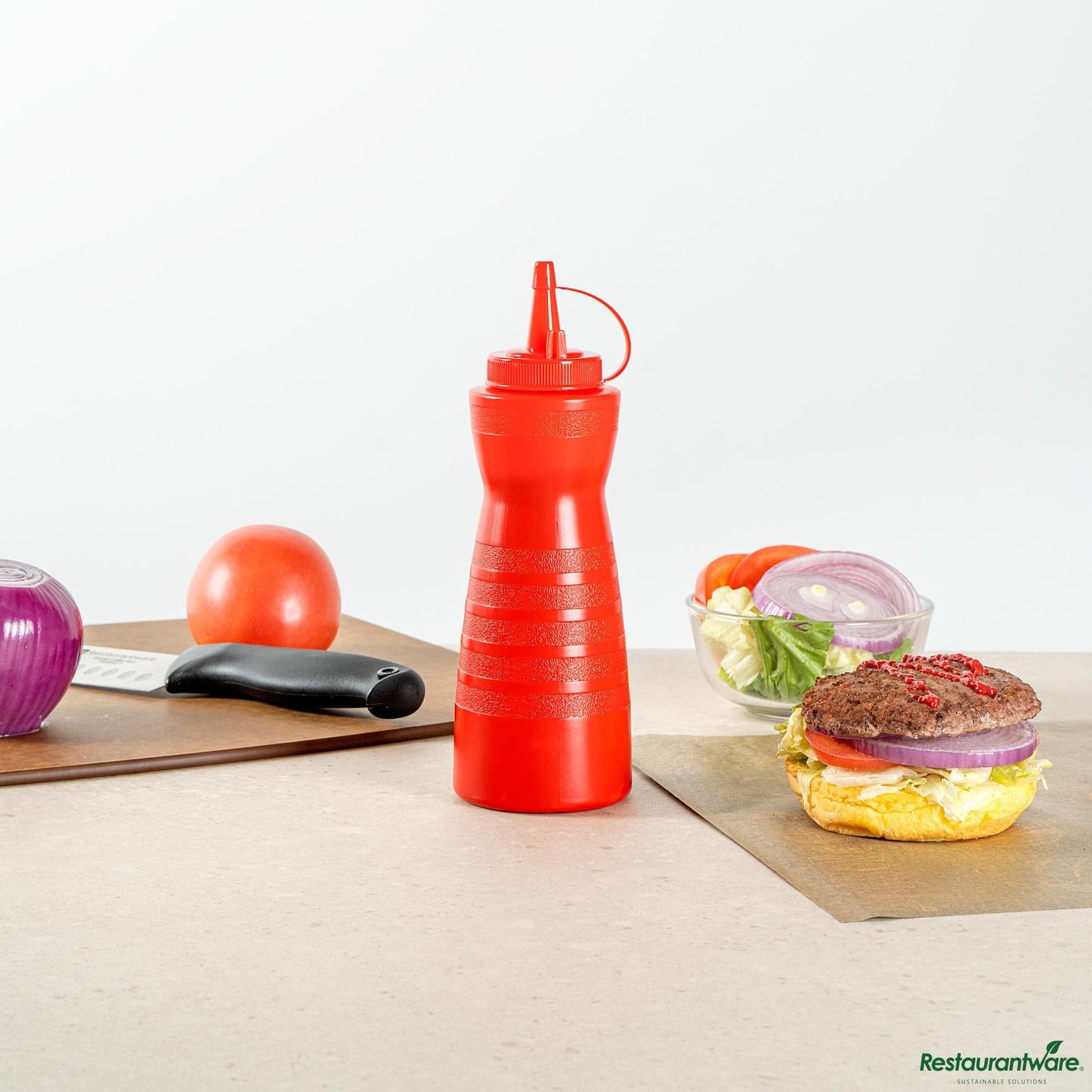 Wholesale Restaurantware 16 Oz Gourd-Shaped Red Plastic Squeeze Bottle - with Cap, Wide Mouth - 2.8" X 2.8" X 7.9"- Bulk
