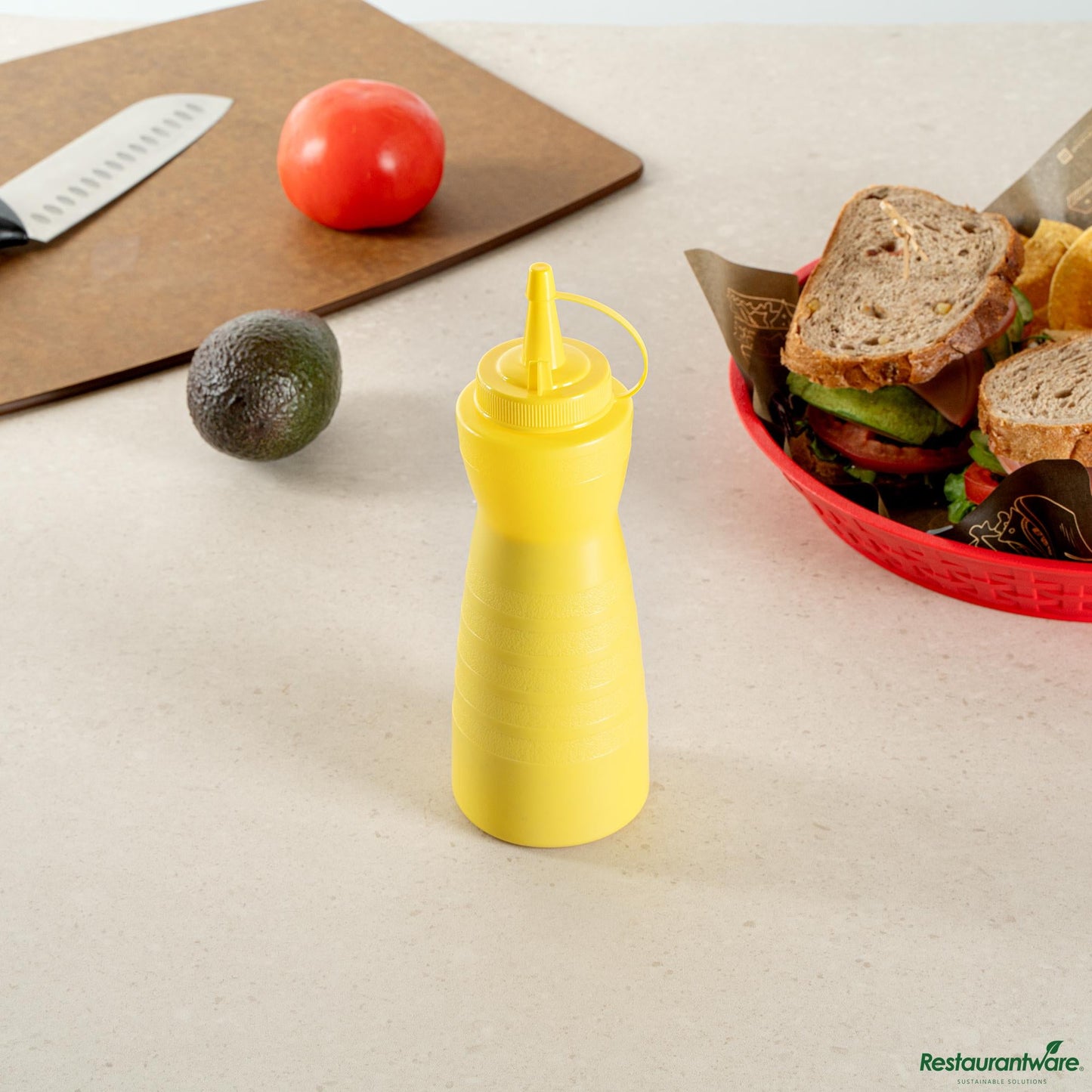Wholesale Restaurantware 16 Oz Gourd-Shaped Yellow Plastic Squeeze Bottle- with Cap, Wide Mouth - 2.8" X 2.8" X 7.9"- Bulk