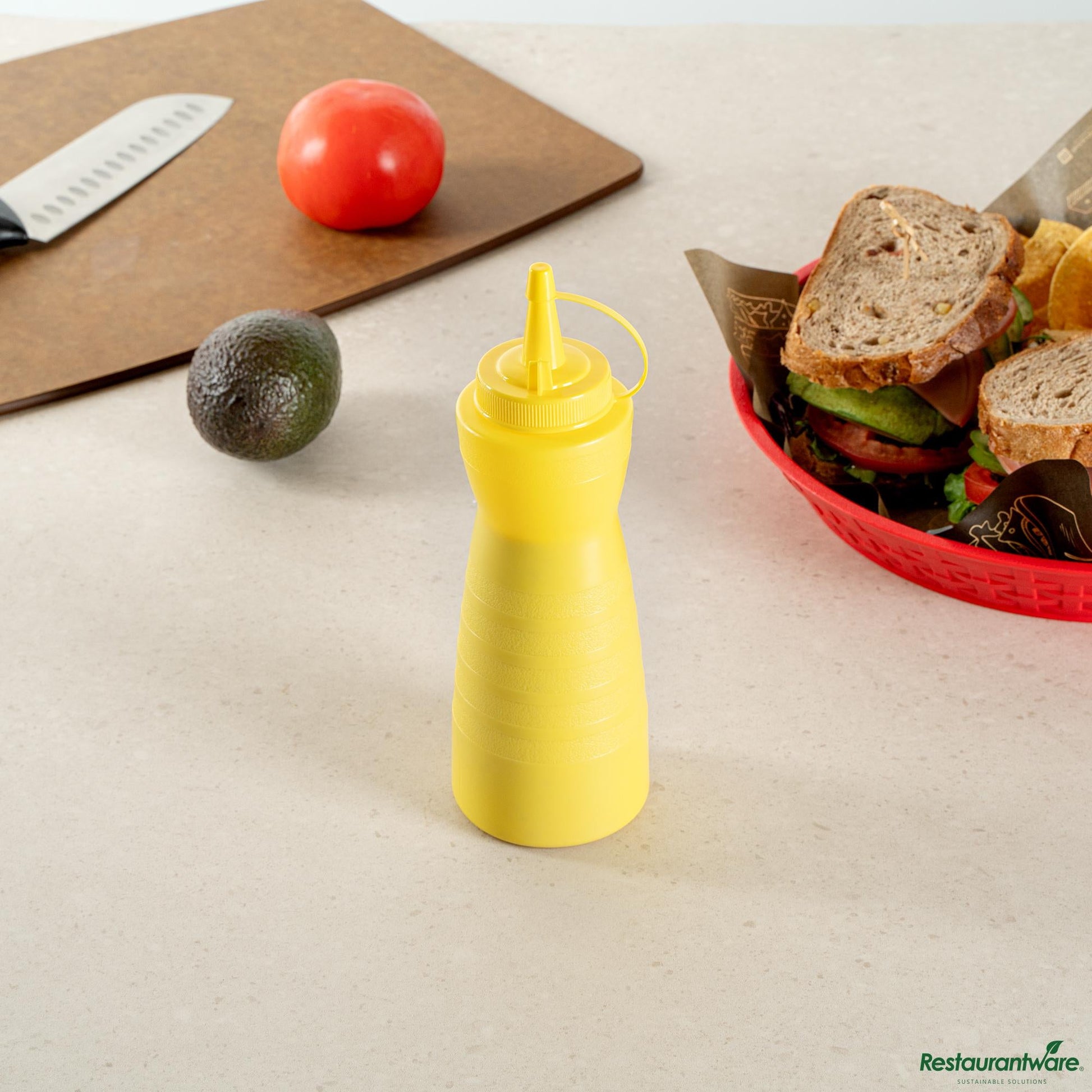 Wholesale Restaurantware 16 Oz Gourd-Shaped Yellow Plastic Squeeze Bottle- with Cap, Wide Mouth - 2.8" X 2.8" X 7.9"- Bulk
