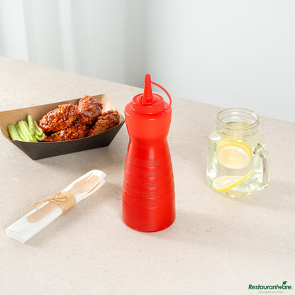 Wholesale Restaurantware 24 Oz Gourd-Shaped Red Plastic Squeeze Bottle - with Cap, Wide Mouth - 2.8" X 2.8" X 10.2"- Bulk