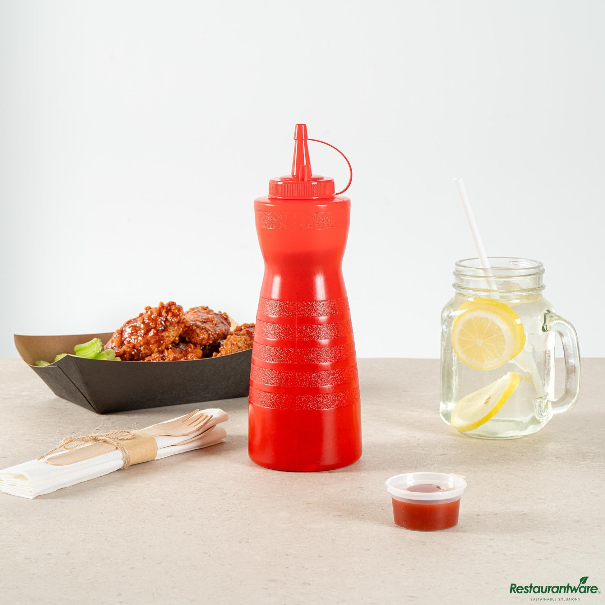 Wholesale Restaurantware 24 Oz Gourd-Shaped Red Plastic Squeeze Bottle - with Cap, Wide Mouth - 2.8" X 2.8" X 10.2"- Bulk