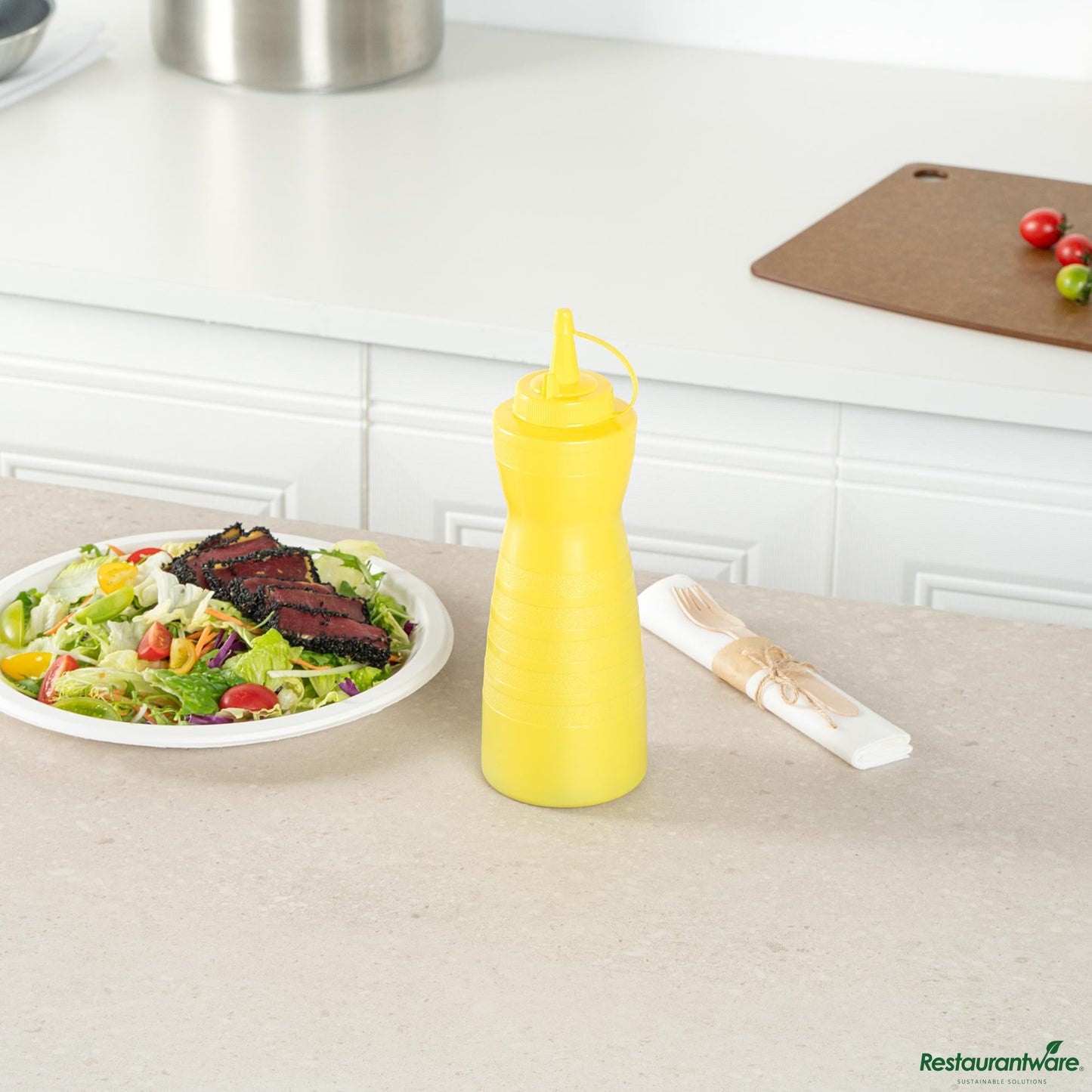 Wholesale Restaurantware 24 Oz Gourd-Shaped Yellow Plastic Squeeze Bottle- with Cap, Wide Mouth - 2.8" X 2.8" X 10.2"- Bulk