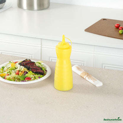 Wholesale Restaurantware 24 Oz Gourd-Shaped Yellow Plastic Squeeze Bottle- with Cap, Wide Mouth - 2.8" X 2.8" X 10.2"- Bulk