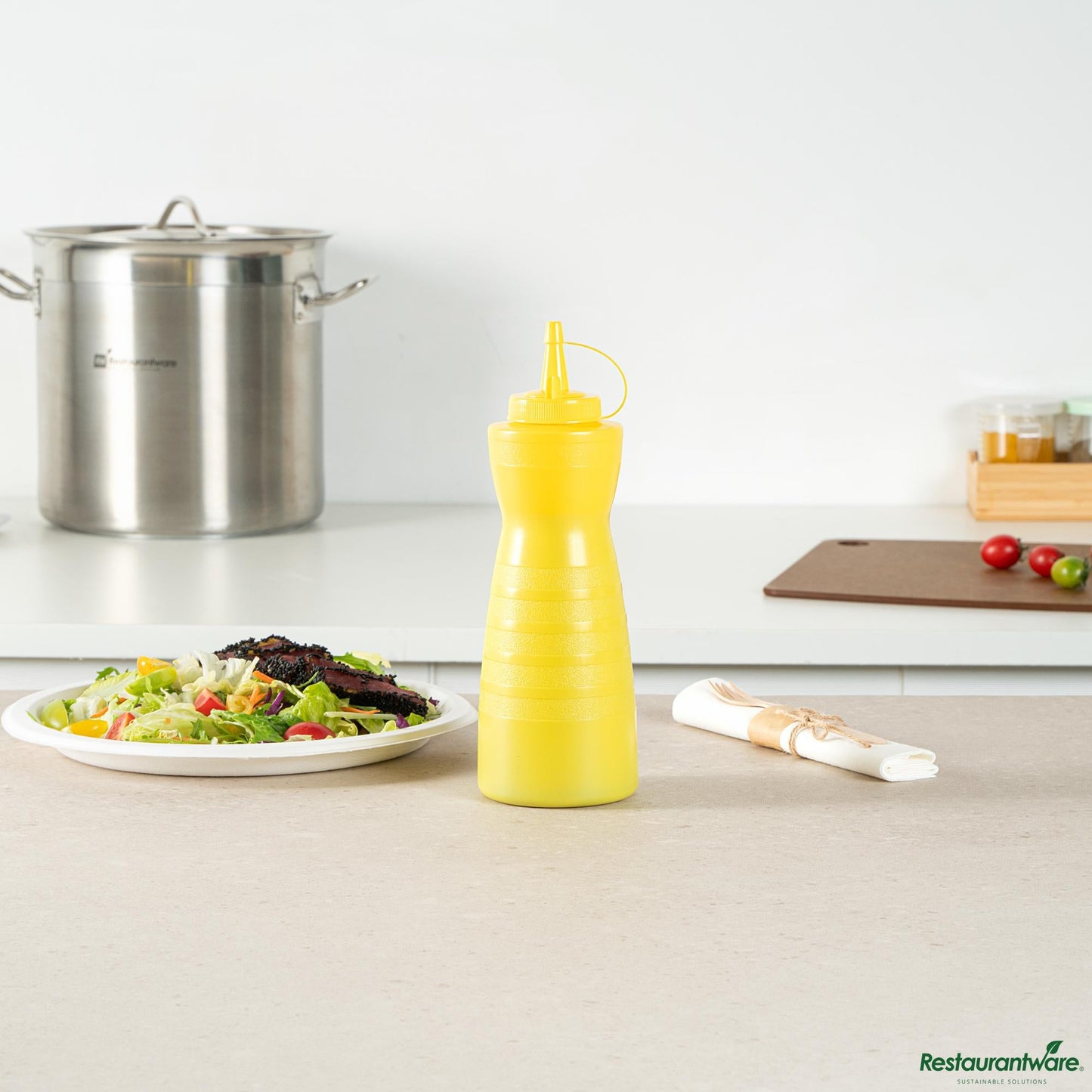 Wholesale Restaurantware 24 Oz Gourd-Shaped Yellow Plastic Squeeze Bottle- with Cap, Wide Mouth - 2.8" X 2.8" X 10.2"- Bulk