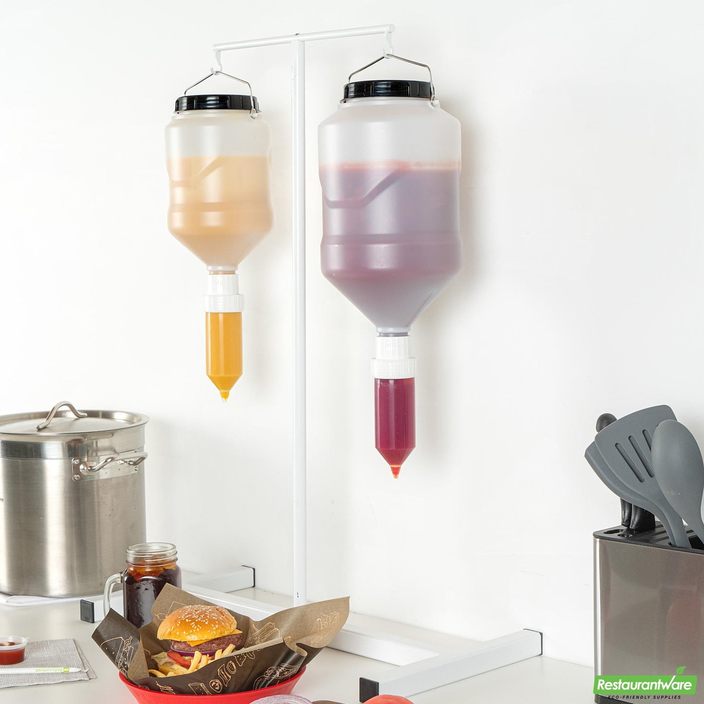 Wholesale Restaurantware 5l Plastic Hanging Bottle Condiment Pump Dispenser-with Squeeze Nozzle - 7.3" X 7.3" X 19.5"- Bulk