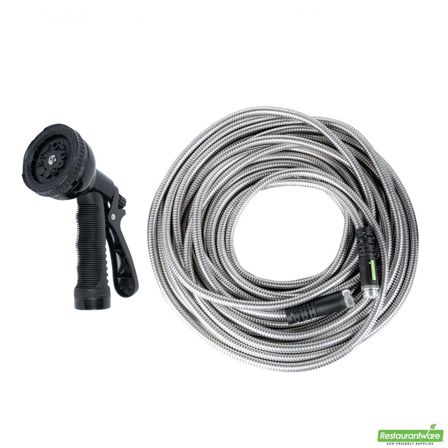 Wholesale Restaurantware Handy Tek Stainless Steel Garden Hose - Heavy-Duty, Flexible, with 10 Function Nozzle - 50' - 1 Count Box- Bulk