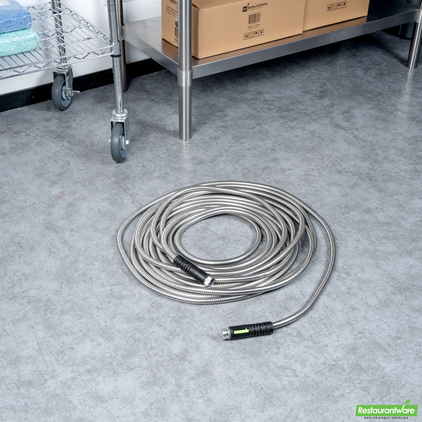 Wholesale Restaurantware Handy Tek Stainless Steel Garden Hose - Heavy-Duty, Flexible, with 10 Function Nozzle - 50' - 1 Count Box- Bulk