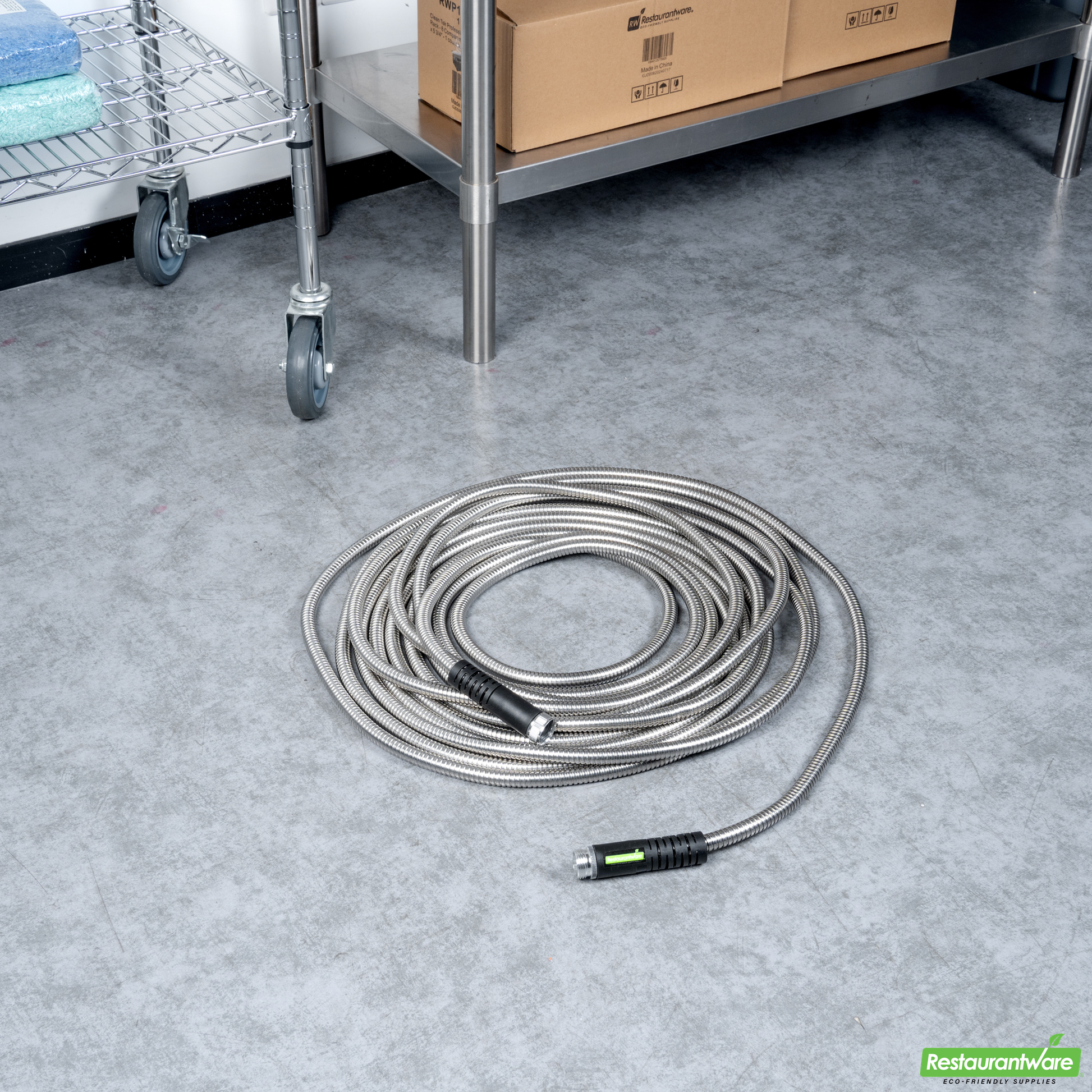 Wholesale Restaurantware Handy Tek Stainless Steel Garden Hose - Heavy-Duty, Flexible, with 10 Function Nozzle - 50' - 1 Count Box- Bulk