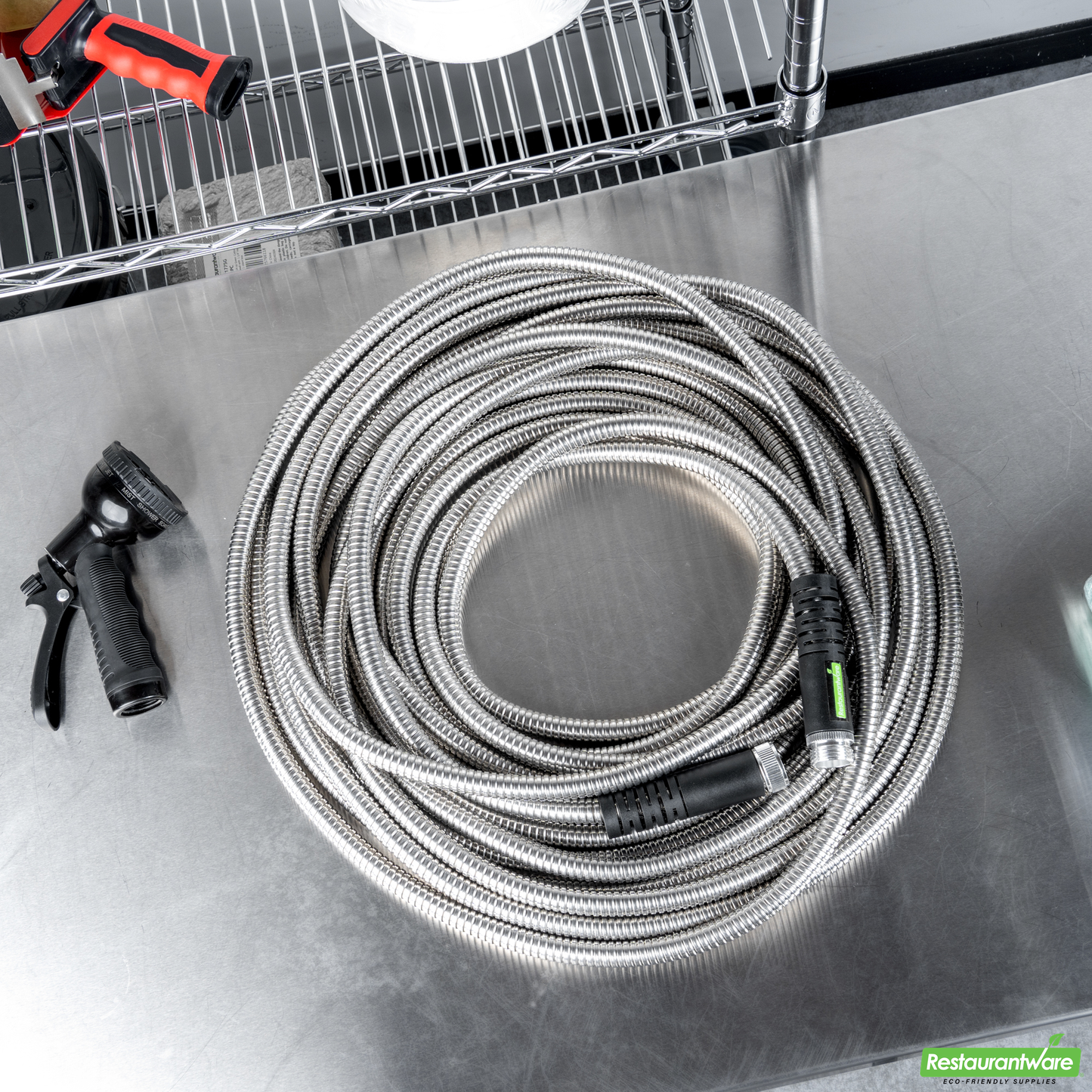 Wholesale Restaurantware Handy Tek Stainless Steel Garden Hose - Heavy-Duty, Flexible, with 10 Function Nozzle - 50' - 1 Count Box- Bulk