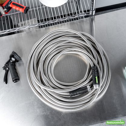 Wholesale Restaurantware Handy Tek Stainless Steel Garden Hose - Heavy-Duty, Flexible, with 10 Function Nozzle - 50' - 1 Count Box- Bulk
