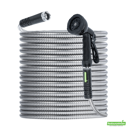 Wholesale Restaurantware Handy Tek Stainless Steel Garden Hose - Heavy-Duty, Flexible, with 10 Function Nozzle - 50' - 1 Count Box- Bulk