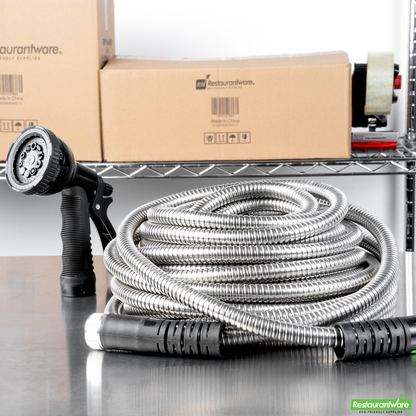 Wholesale Restaurantware Handy Tek Stainless Steel Garden Hose - Heavy-Duty, Flexible, with 10 Function Nozzle - 50' - 1 Count Box- Bulk