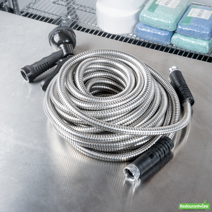 Wholesale Restaurantware Handy Tek Stainless Steel Garden Hose - Heavy-Duty, Flexible, with 10 Function Nozzle - 50' - 1 Count Box- Bulk