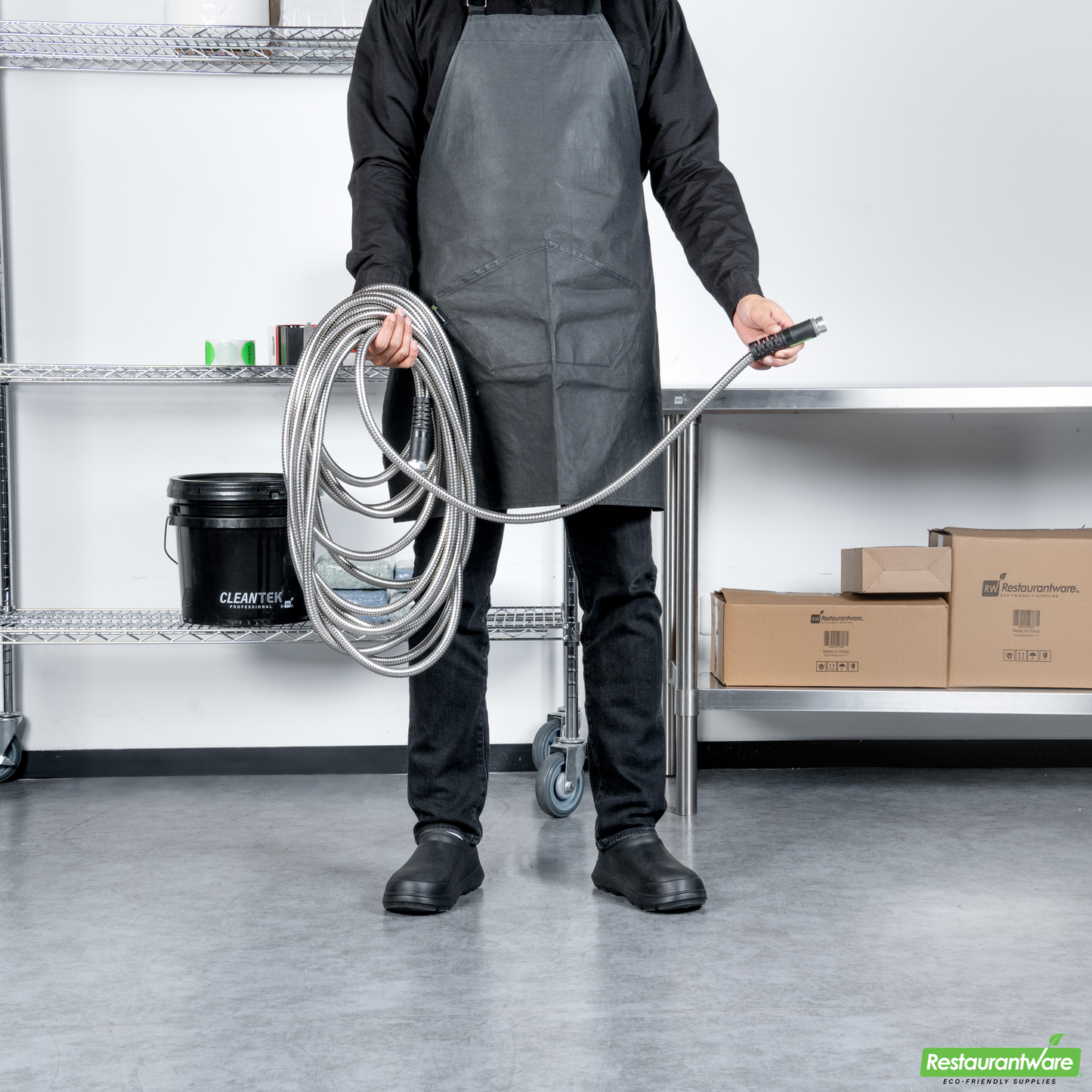 Wholesale Restaurantware Handy Tek Stainless Steel Garden Hose - Heavy-Duty, Flexible, with 10 Function Nozzle - 50' - 1 Count Box- Bulk