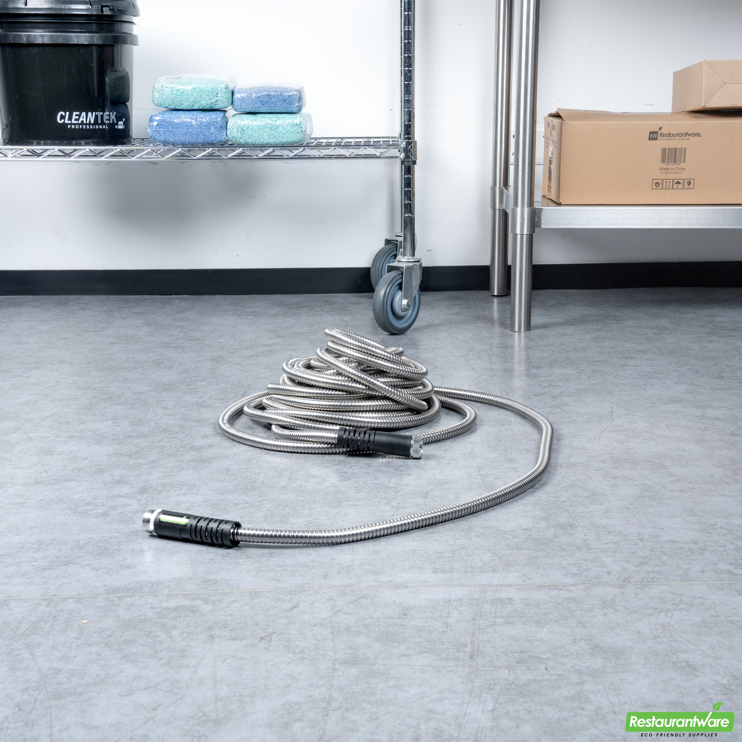 Wholesale Restaurantware Handy Tek Stainless Steel Garden Hose - Heavy-Duty, Flexible, with 10 Function Nozzle - 50' - 1 Count Box- Bulk
