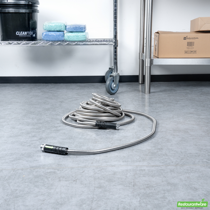 Wholesale Restaurantware Handy Tek Stainless Steel Garden Hose - Heavy-Duty, Flexible, with 10 Function Nozzle - 50' - 1 Count Box- Bulk