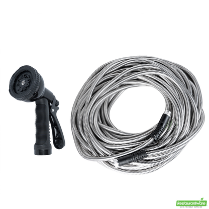 Wholesale Restaurantware Handy Tek Stainless Steel Garden Hose - Heavy-Duty, Flexible, with 10 Function Nozzle - 100' - 1 Count Box- Bulk
