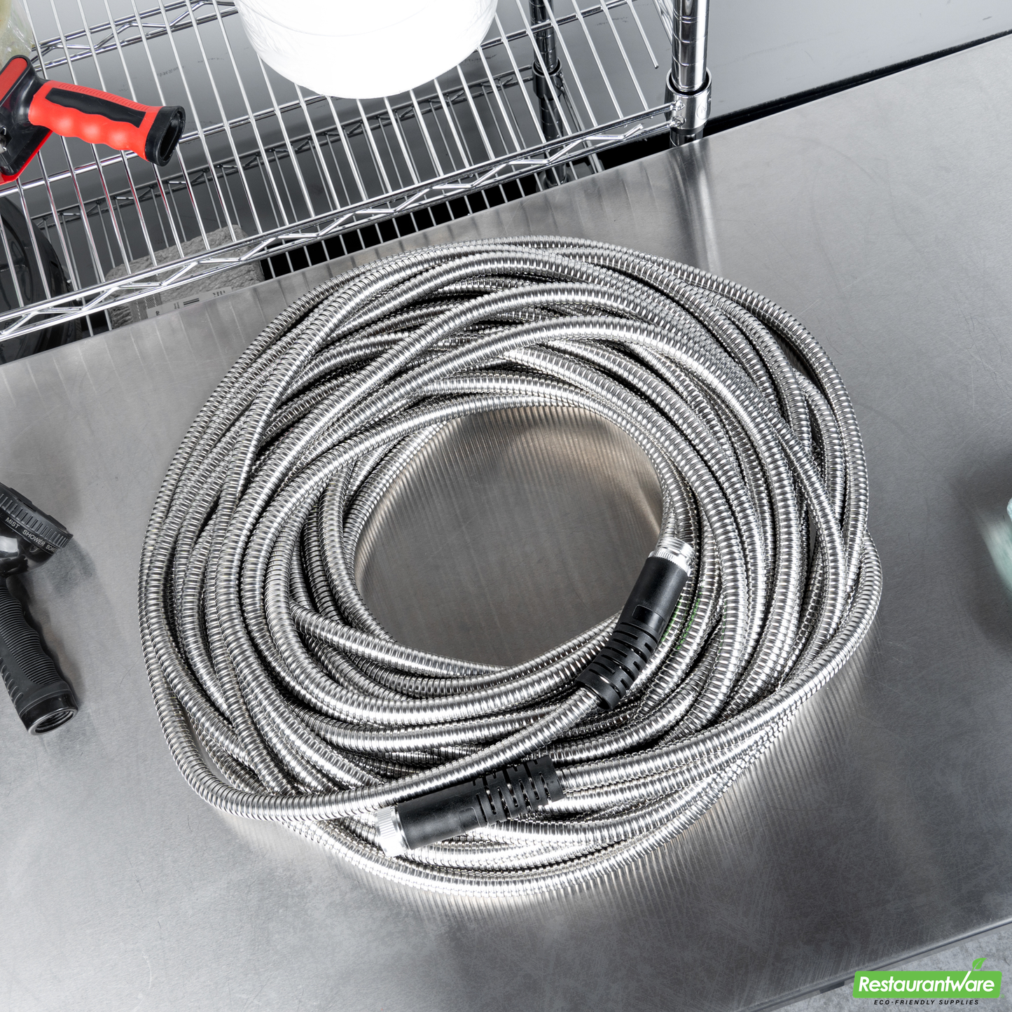 Wholesale Restaurantware Handy Tek Stainless Steel Garden Hose - Heavy-Duty, Flexible, with 10 Function Nozzle - 100' - 1 Count Box- Bulk