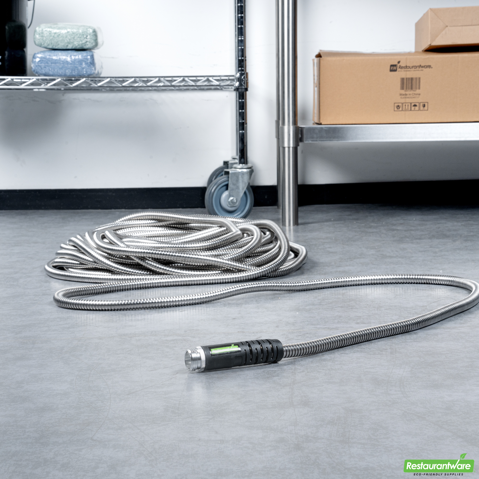 Wholesale Restaurantware Handy Tek Stainless Steel Garden Hose - Heavy-Duty, Flexible, with 10 Function Nozzle - 100' - 1 Count Box- Bulk