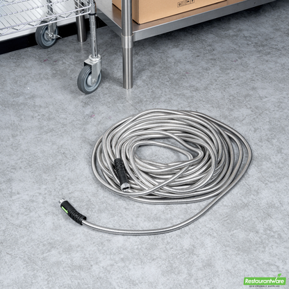 Wholesale Restaurantware Handy Tek Stainless Steel Garden Hose - Heavy-Duty, Flexible, with 10 Function Nozzle - 100' - 1 Count Box- Bulk