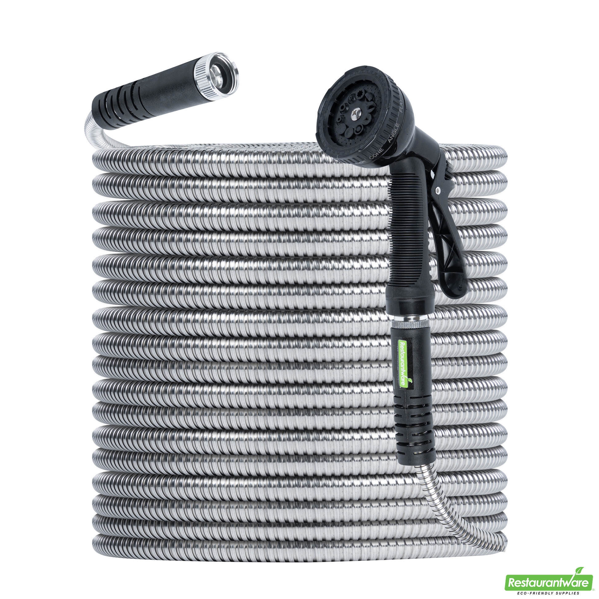 Wholesale Restaurantware Handy Tek Stainless Steel Garden Hose - Heavy-Duty, Flexible, with 10 Function Nozzle - 100' - 1 Count Box- Bulk