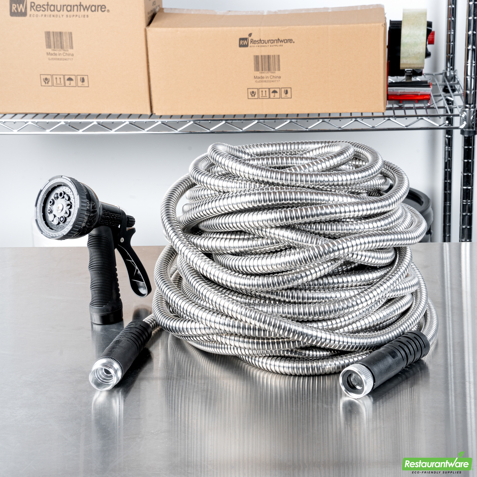Wholesale Restaurantware Handy Tek Stainless Steel Garden Hose - Heavy-Duty, Flexible, with 10 Function Nozzle - 100' - 1 Count Box- Bulk
