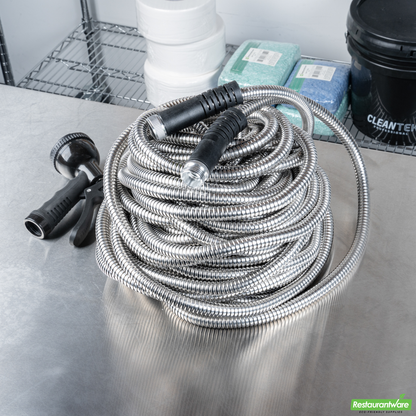 Wholesale Restaurantware Handy Tek Stainless Steel Garden Hose - Heavy-Duty, Flexible, with 10 Function Nozzle - 100' - 1 Count Box- Bulk