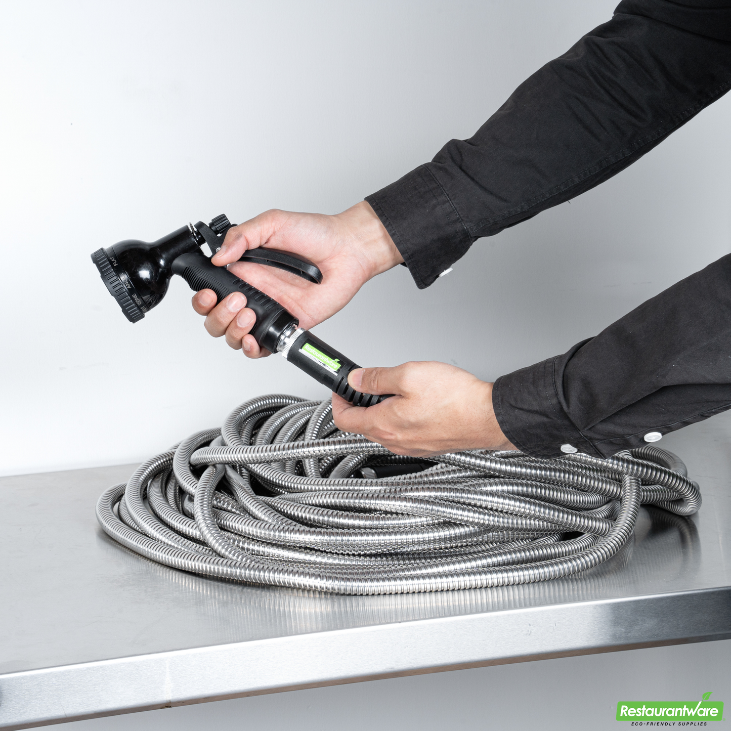 Wholesale Restaurantware Handy Tek Stainless Steel Garden Hose - Heavy-Duty, Flexible, with 10 Function Nozzle - 100' - 1 Count Box- Bulk
