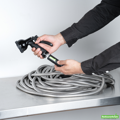 Wholesale Restaurantware Handy Tek Stainless Steel Garden Hose - Heavy-Duty, Flexible, with 10 Function Nozzle - 100' - 1 Count Box- Bulk