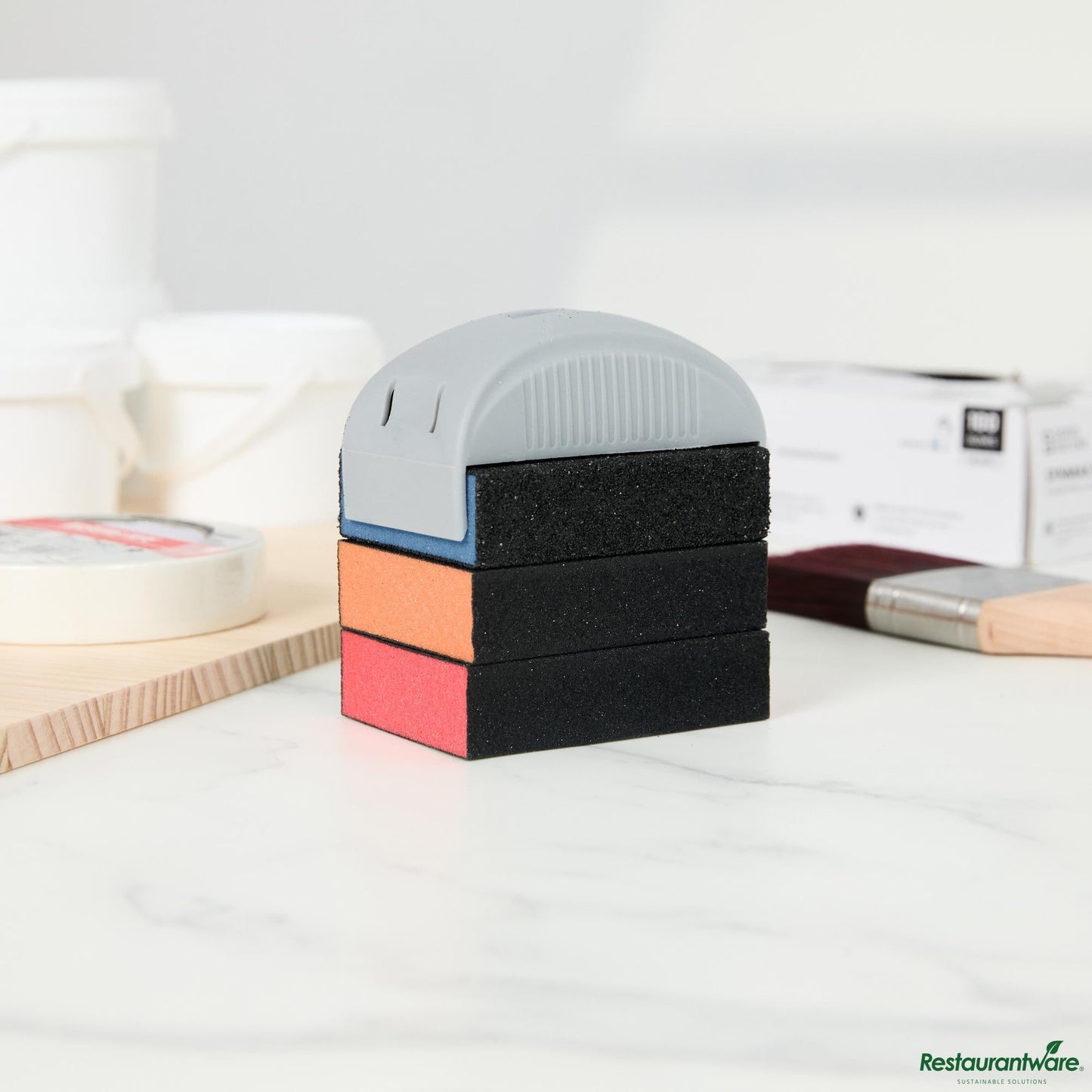 Wholesale Restaurantware Assorted Grit Sanding Sponge Set - 4-Piece, Flat Edges, with Handle - 4.1" X 2.9" X 4.5"- Bulk