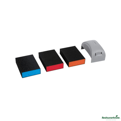 Wholesale Restaurantware Assorted Grit Sanding Sponge Set - 4-Piece, Flat Edges, with Handle - 4.1" X 2.9" X 4.5"- Bulk