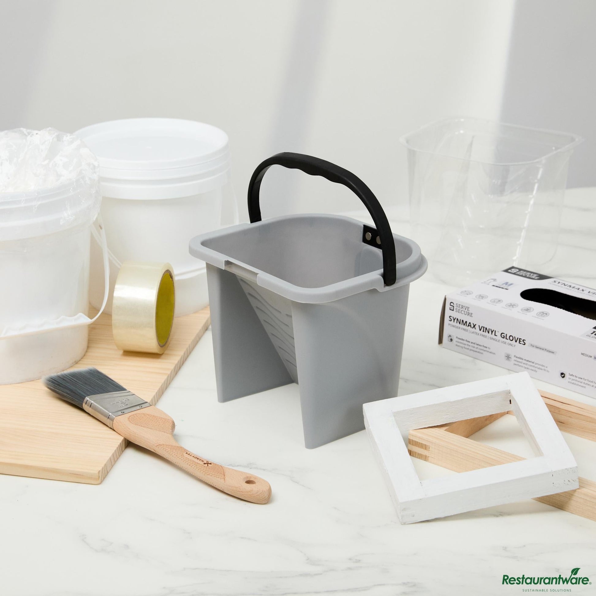 Wholesale Restaurantware 0.5 Gal Gray Plastic Paint Pail - with Magnetic Brush Holder - 7.8" X 7.5" X 6.7"- Bulk
