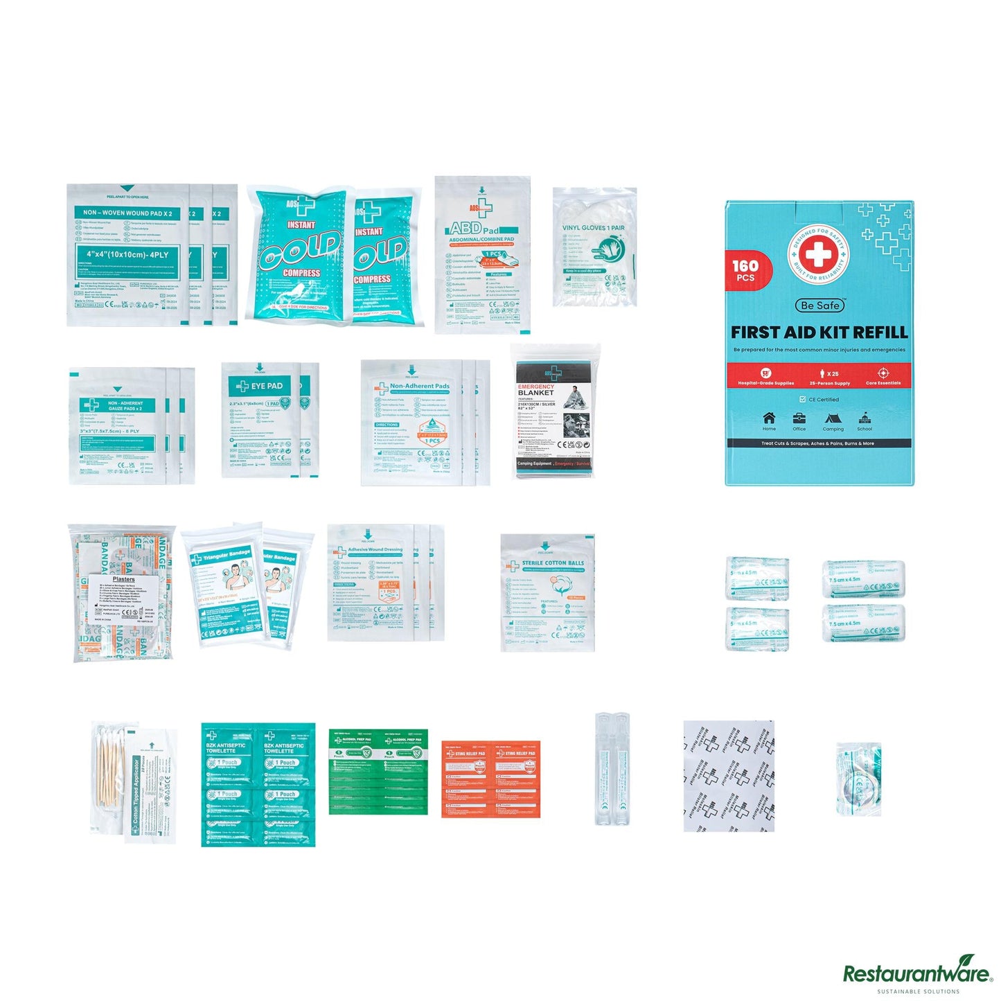 Wholesale Restaurantware 25-Person First Aid Kit Refill - 160 Piece - 13.4" X 8" X 3.9"- Bulk