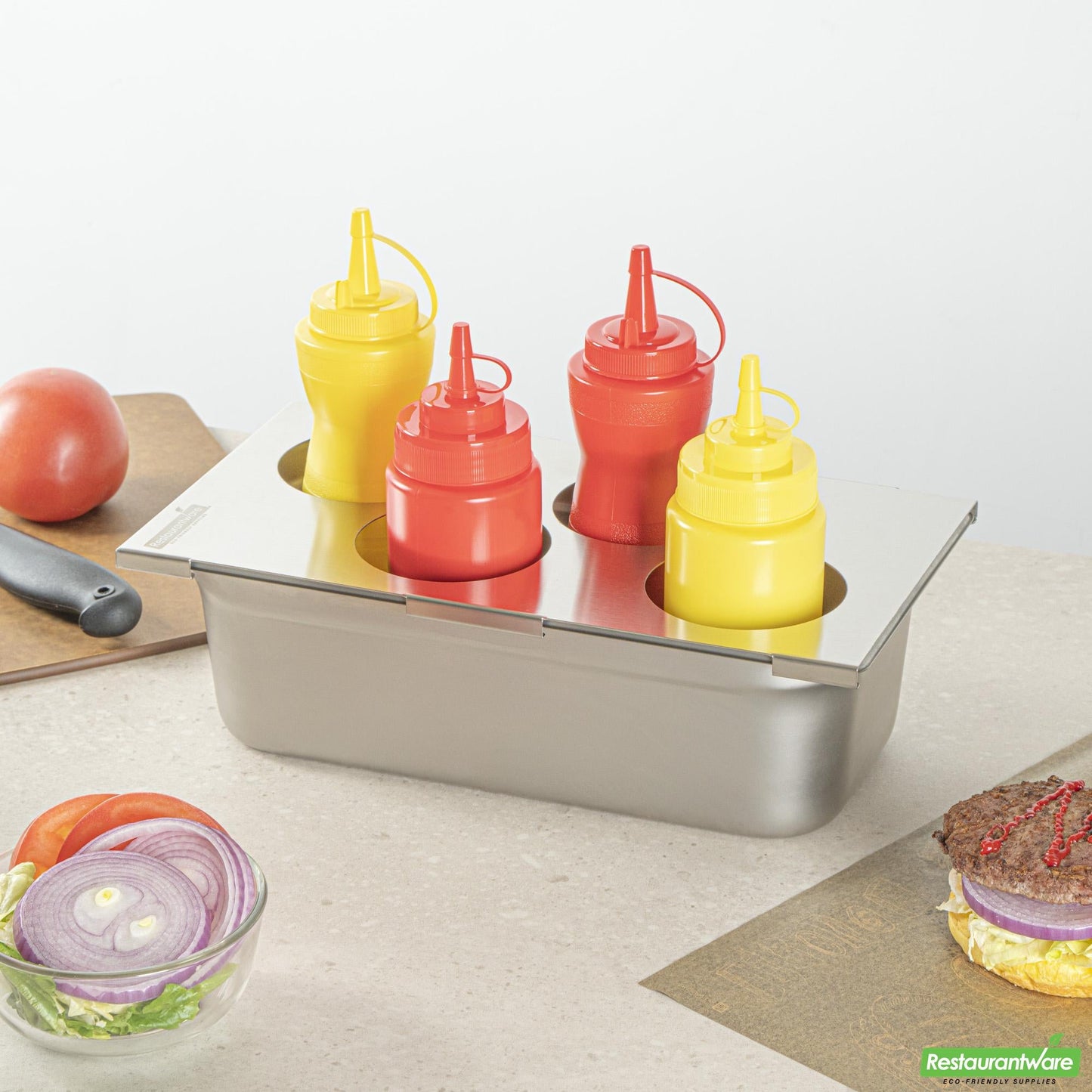 Wholesale Restaurantware Four Hole Stainless Steel Squeeze Bottle Holder Top - 12.8" X 7.1" X 0.4"- Bulk