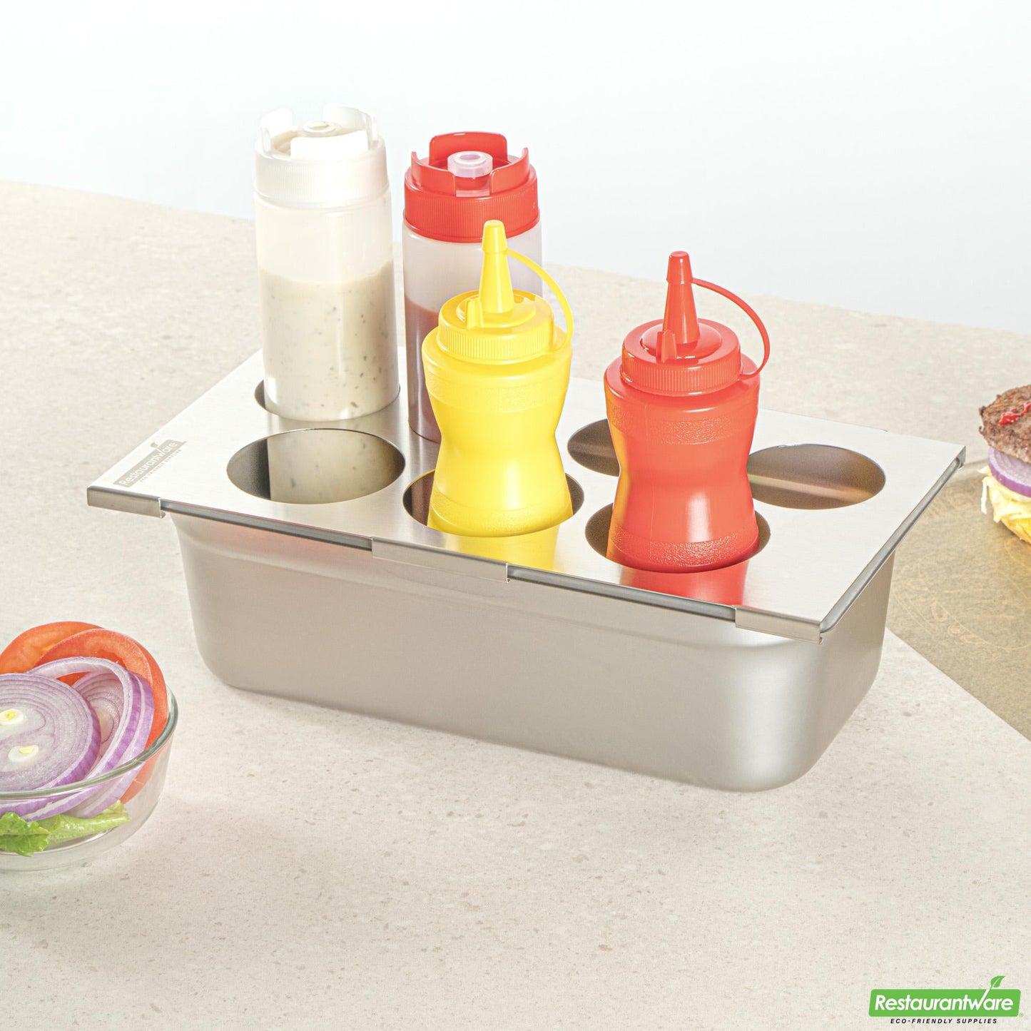 Wholesale Restaurantware Seven Hole Stainless Steel Squeeze Bottle Holder Top - 12.8" X 7.1" X 0.4"- Bulk
