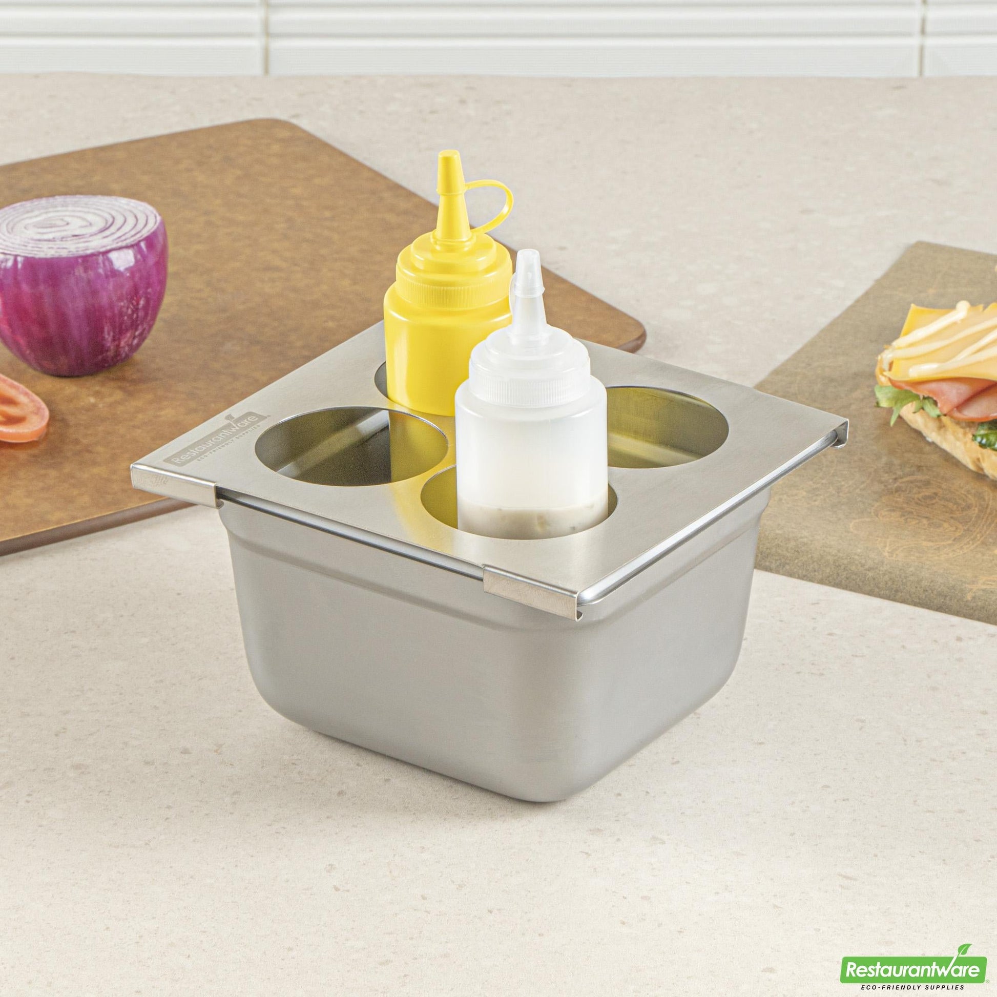 Wholesale Restaurantware Four Hole Stainless Steel Squeeze Bottle Holder Top - 6.3" X 7.1" X 0.4"- Bulk